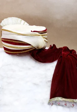 Embroidered Velvet Turban in Maroon and White