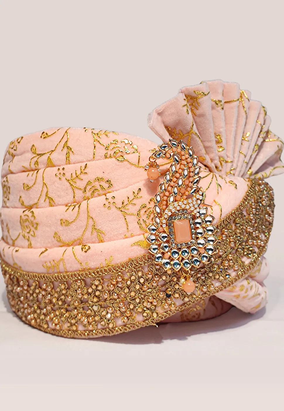 Embroidered Velvet Turban in Peach