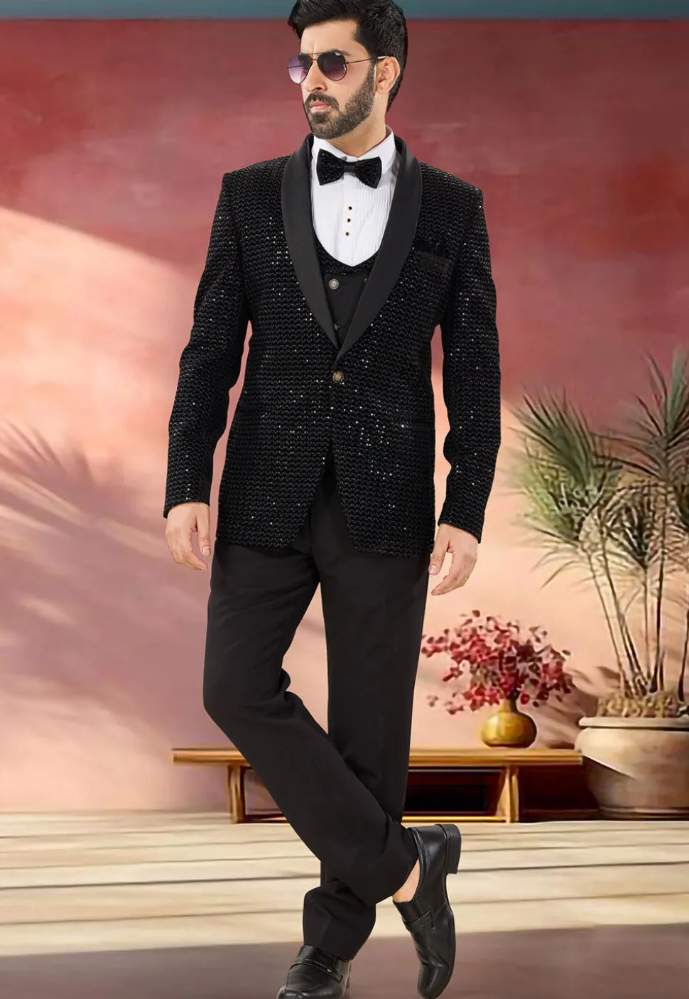 Embroidered Velvet Tuxedo in Black