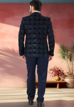 Embroidered Velvet Tuxedo in Navy Blue