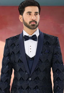Embroidered Velvet Tuxedo in Navy Blue