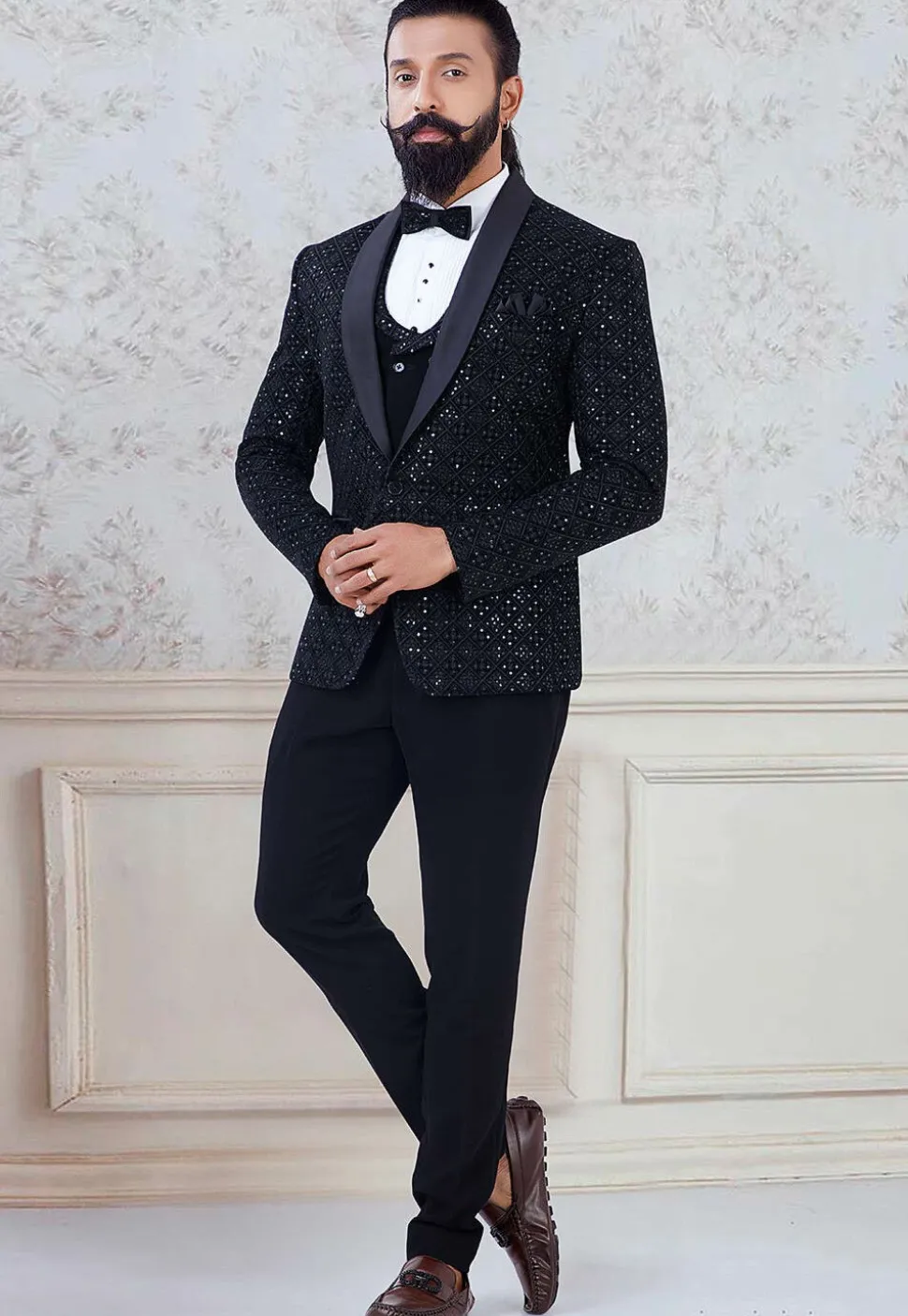 Embroidered Velvet Tuxedo in Black