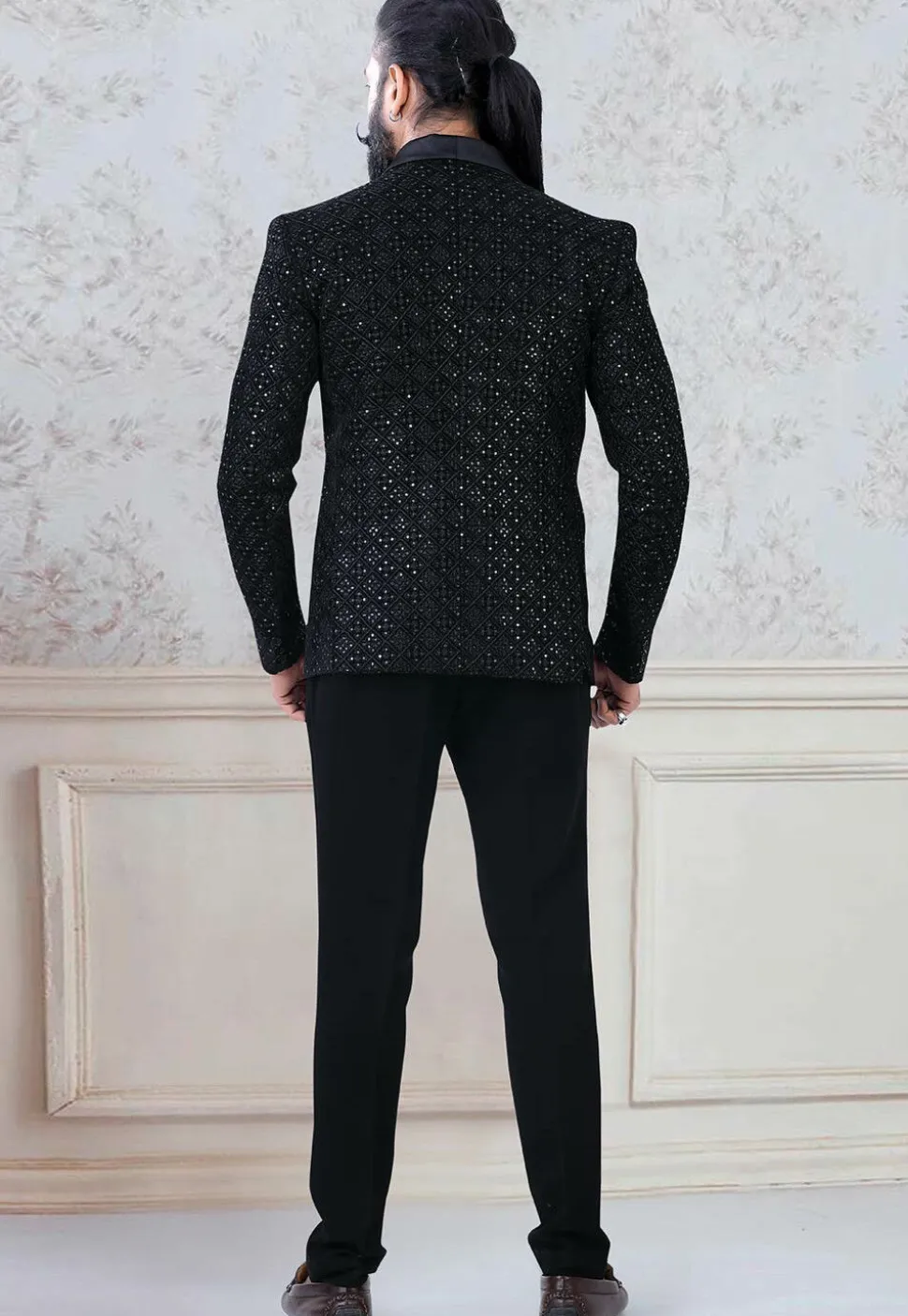 Embroidered Velvet Tuxedo in Black