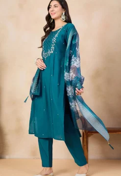 Embroidered Viscose Chanderi Pakistani Suit in Teal Blue