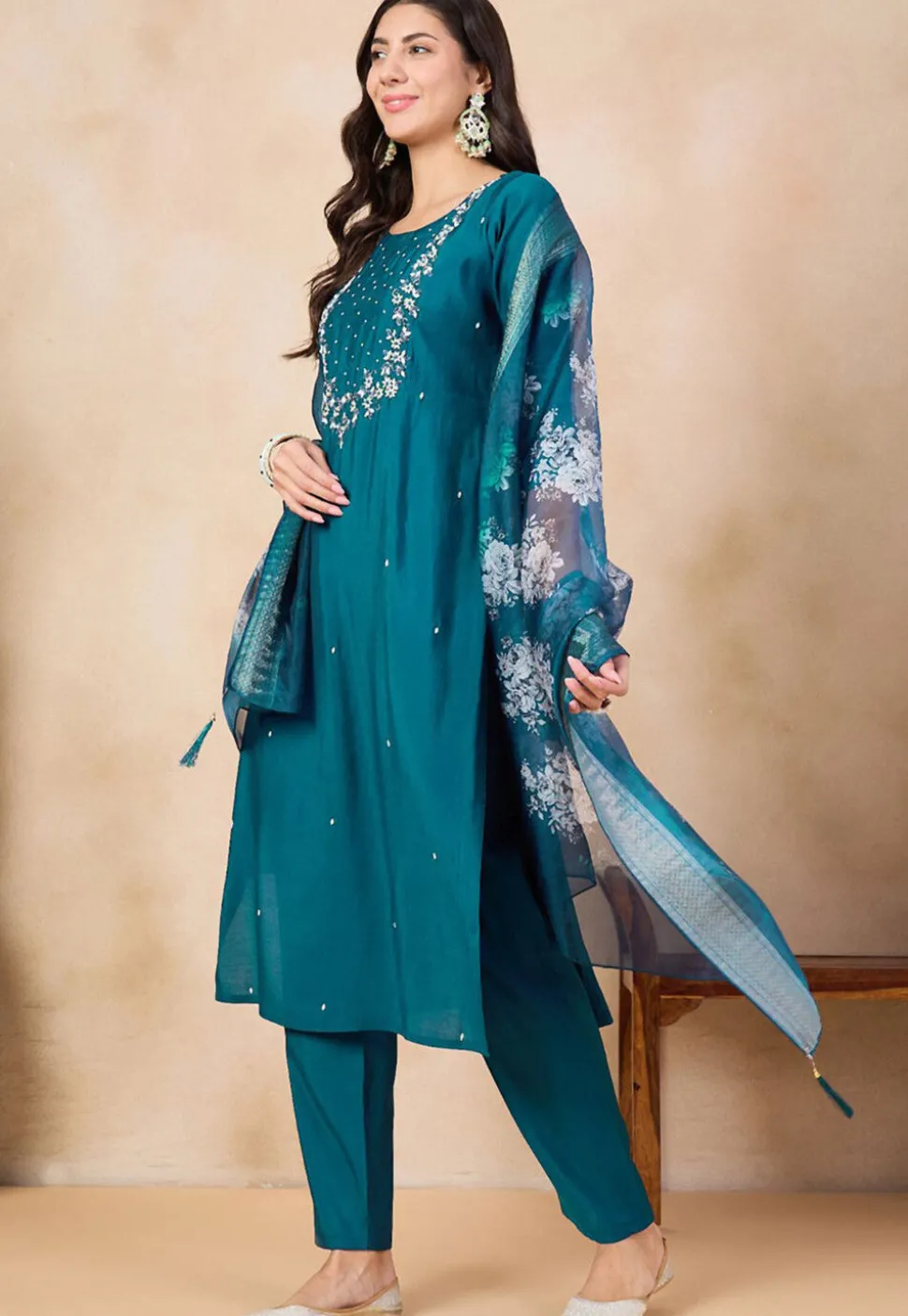 Embroidered Viscose Chanderi Pakistani Suit in Teal Blue