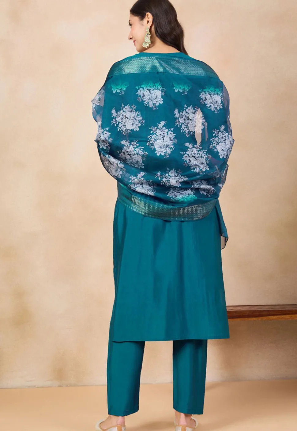 Embroidered Viscose Chanderi Pakistani Suit in Teal Blue