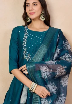 Embroidered Viscose Chanderi Pakistani Suit in Teal Blue