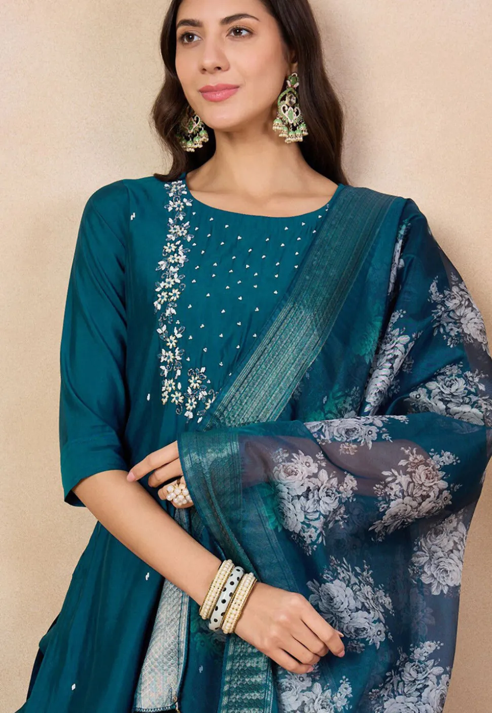 Embroidered Viscose Chanderi Pakistani Suit in Teal Blue