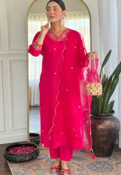 Embroidered Viscose Chanderi Pakistani Suit in Fuchsia