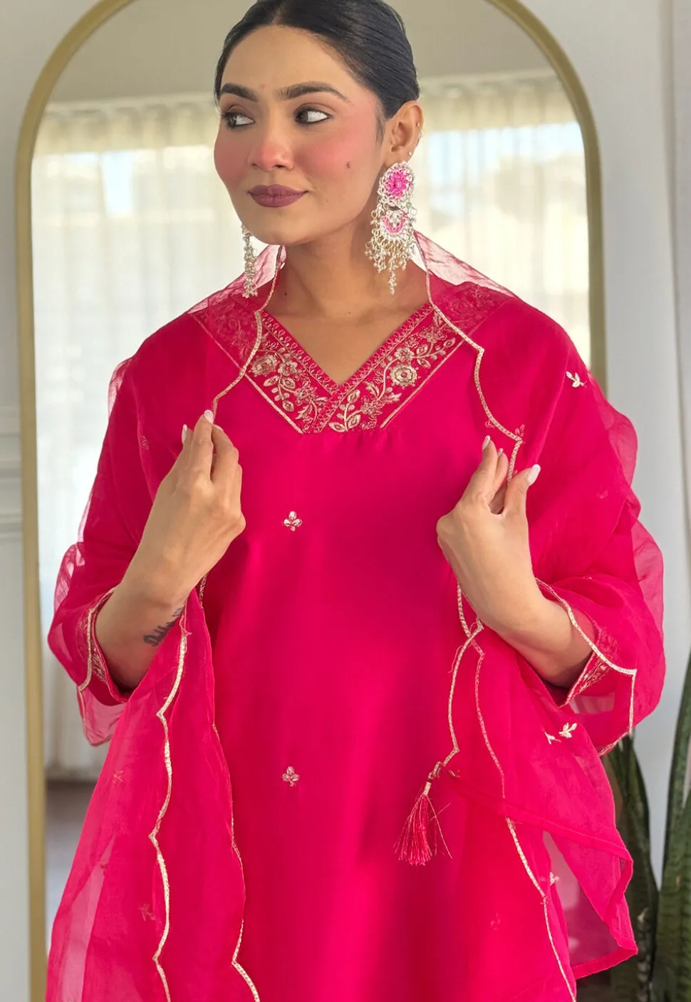 Embroidered Viscose Chanderi Pakistani Suit in Fuchsia
