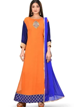 Embroidered Viscose Georgette Abaya Style Suit in Orange