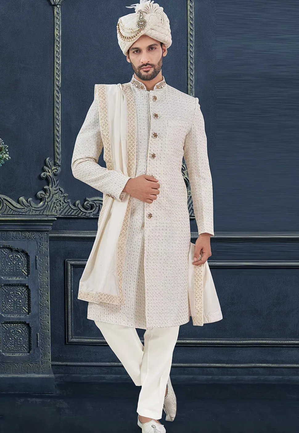 Embroidered Viscose Georgette Sherwani in Off White