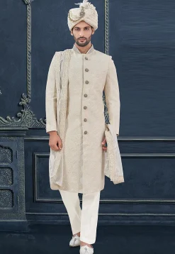 Embroidered Viscose Georgette Sherwani in Cream