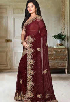 Embroidered Viscose Georgette Saree in Maroon