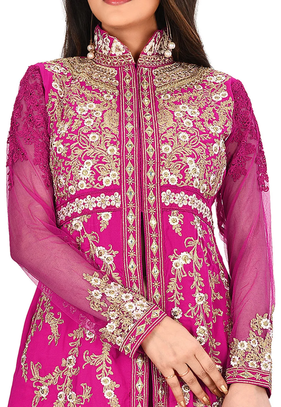 Embroidered Viscose Georgette Front Slit Straight Suit in Fuchsia
