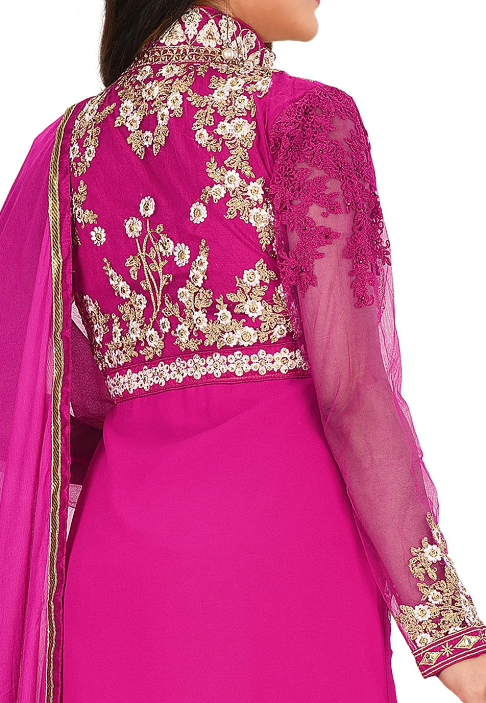 Embroidered Viscose Georgette Front Slit Straight Suit in Fuchsia