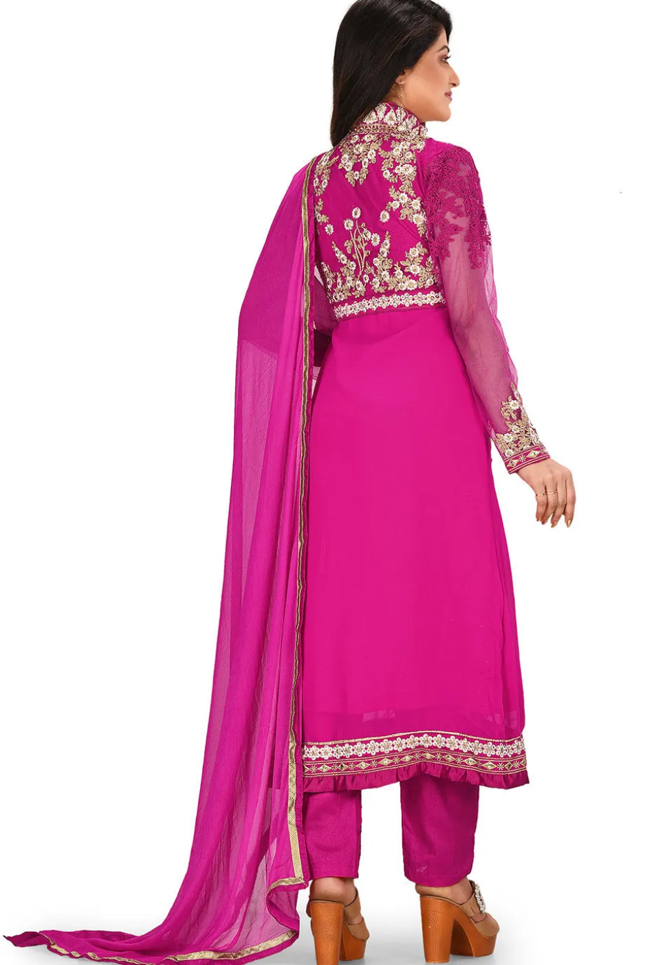 Embroidered Viscose Georgette Front Slit Straight Suit in Fuchsia