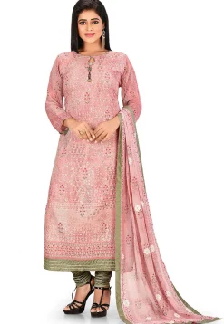 Embroidered Viscose Georgette Straight Suit in Pink
