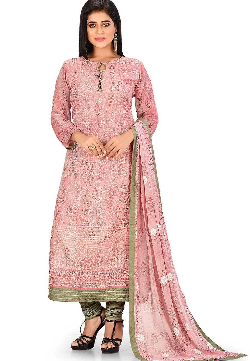 Embroidered Viscose Georgette Straight Suit in Pink