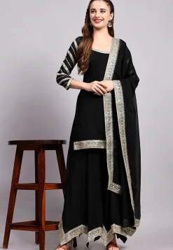 Embroidered Viscose Georgette Pakistani Suit in Black