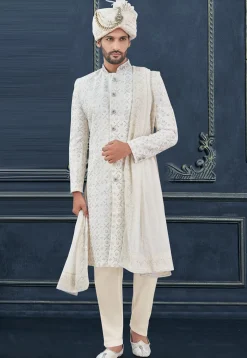 Embroidered Viscose Georgette Sherwani in White