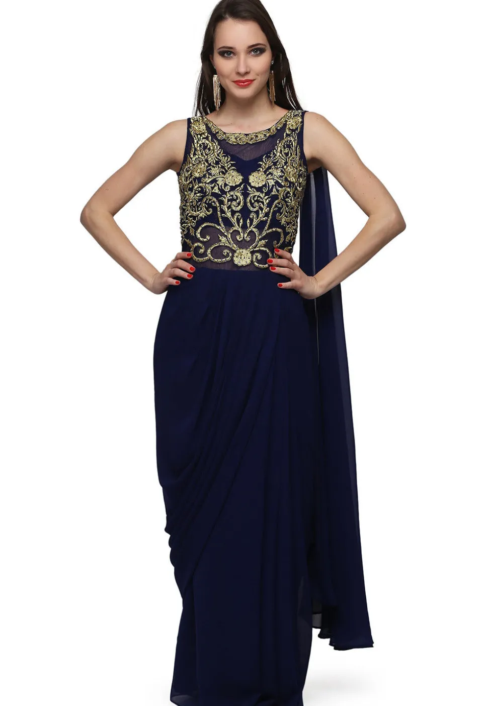 Embroidered Viscose Georgette Saree Style Gown in Navy Blue