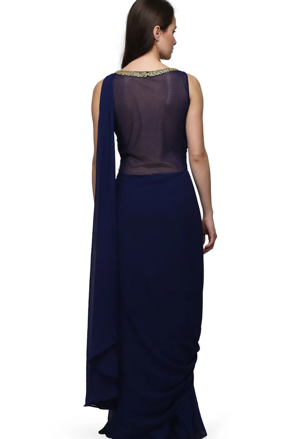 Embroidered Viscose Georgette Saree Style Gown in Navy Blue