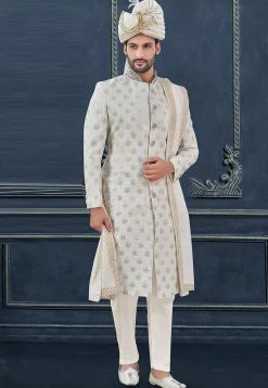 Embroidered Viscose Georgette Sherwani in Off White