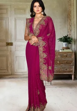 Embroidered Viscose Georgette Saree in Magenta