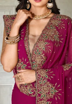 Embroidered Viscose Georgette Saree in Magenta