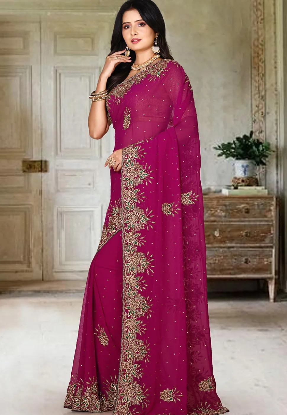 Embroidered Viscose Georgette Saree in Magenta
