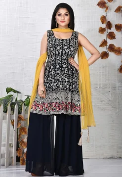 Embroidered Viscose Georgette Pakistani Suit in Navy Blue