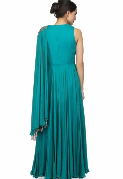 Embroidered Viscose Georgette Gown in Teal Green