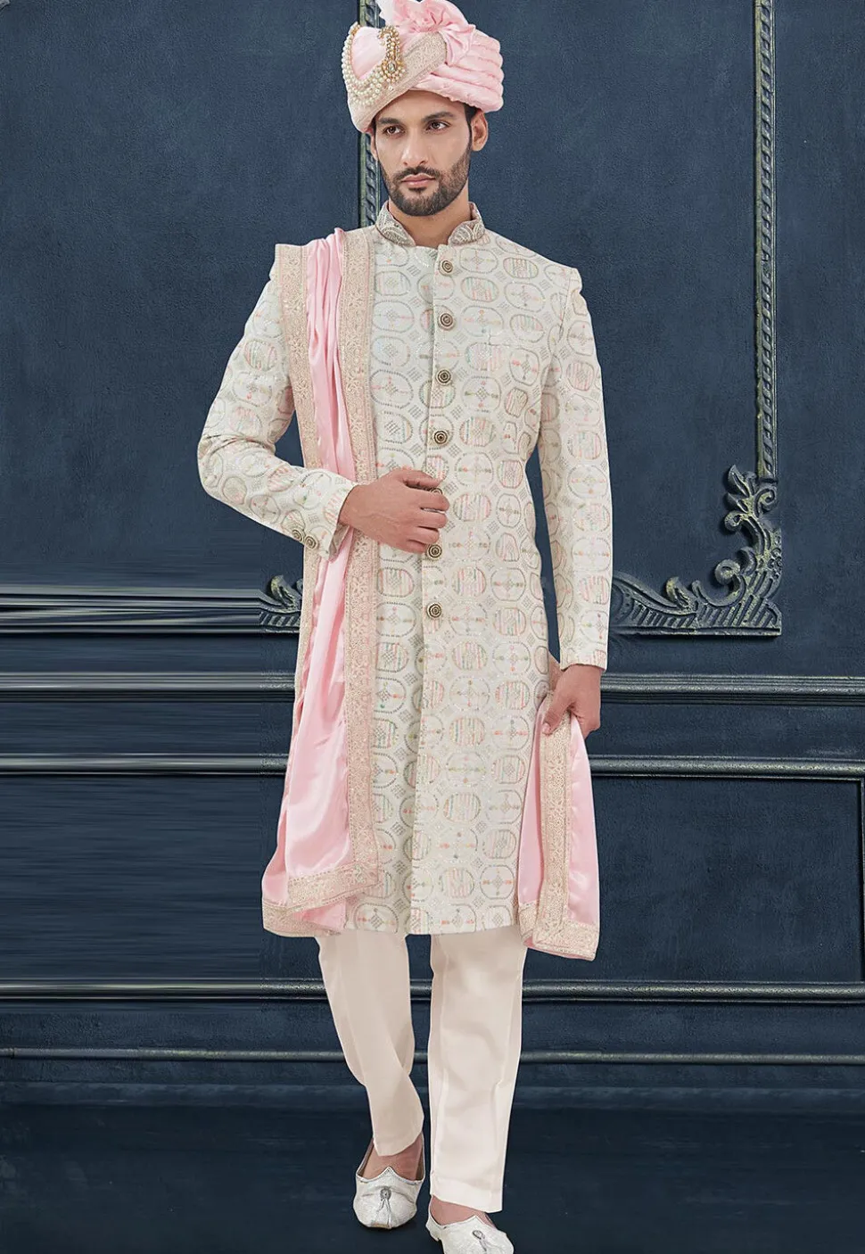Embroidered Viscose Georgette Sherwani in Off White