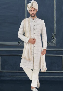 Embroidered Viscose Georgette Sherwani in Off White
