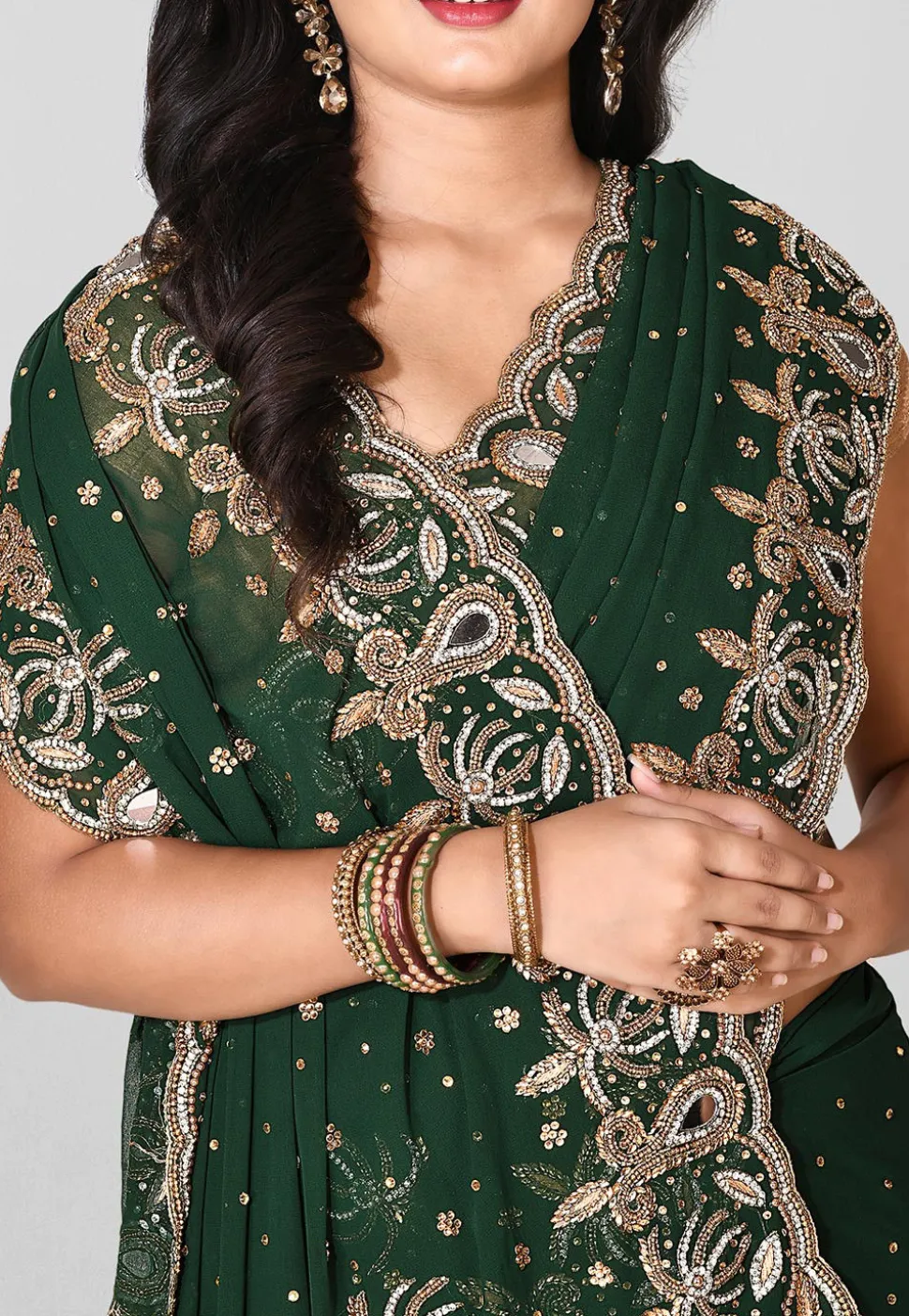 Embroidered Viscose Georgette Saree in Dark Green