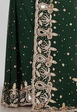 Embroidered Viscose Georgette Saree in Dark Green