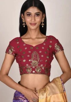 Embroidered Viscose Georgette Blouse in Maroon