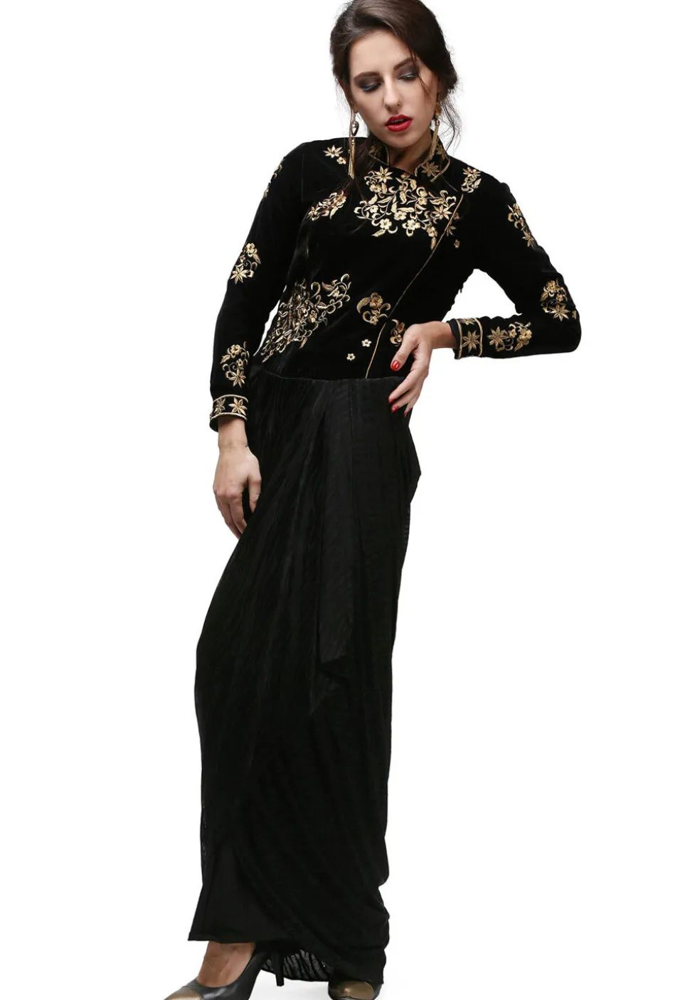 Embroidered Viscose Gown in Black