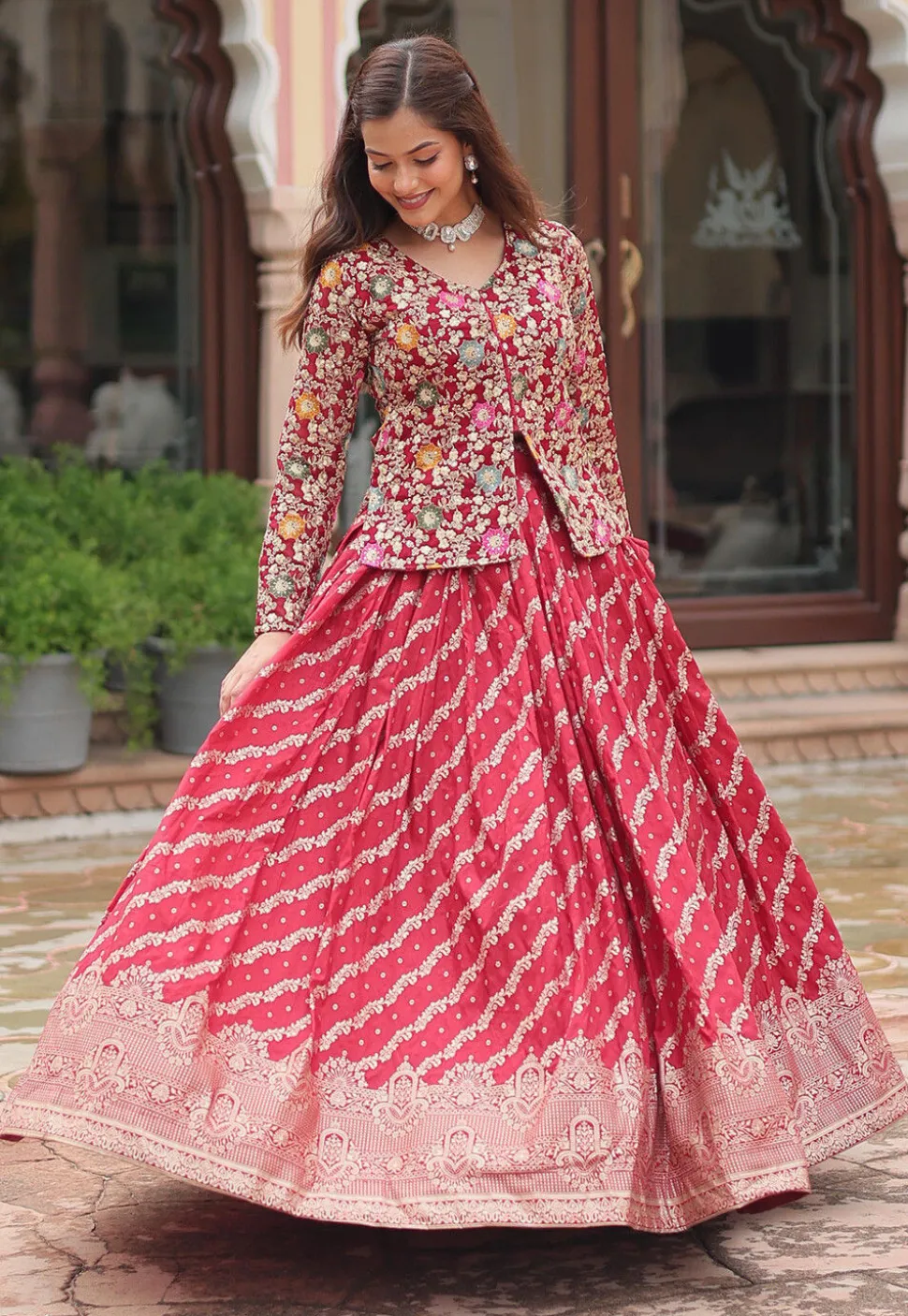 Embroidered Viscose Jacquard Top Set in Red