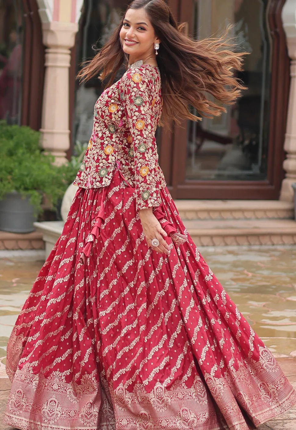 Embroidered Viscose Jacquard Top Set in Red