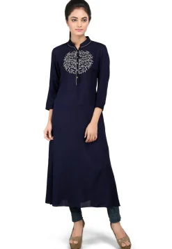Embroidered Viscose Long Kurta in Navy Blue