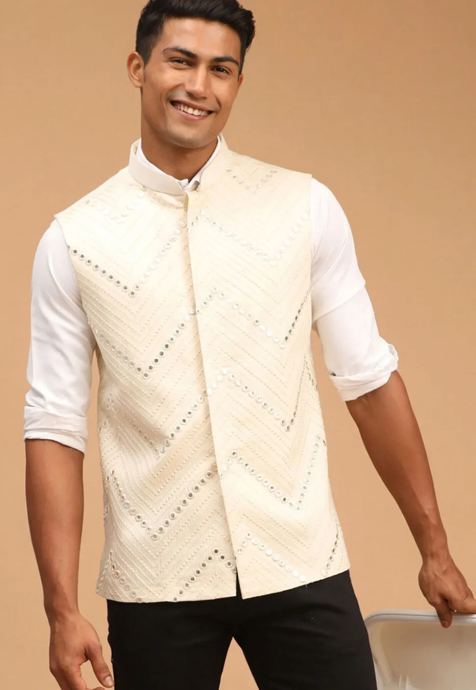 Embroidered Viscose Nehru Jacket in Cream
