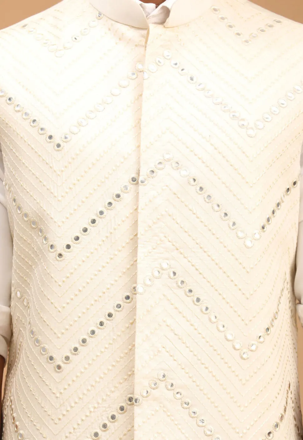 Embroidered Viscose Nehru Jacket in Cream