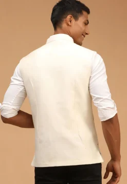 Embroidered Viscose Nehru Jacket in Cream