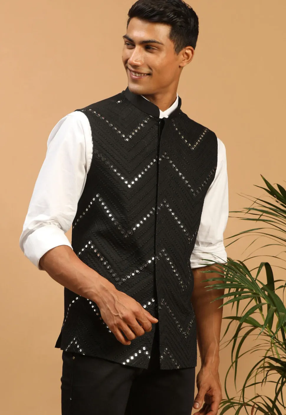 Embroidered Viscose Nehru Jacket in Black