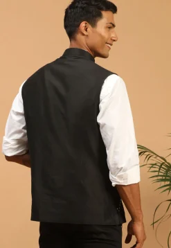 Embroidered Viscose Nehru Jacket in Black