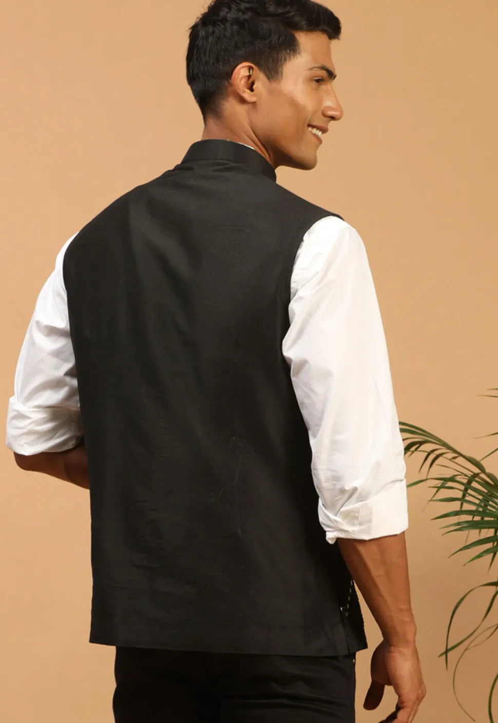 Embroidered Viscose Nehru Jacket in Black
