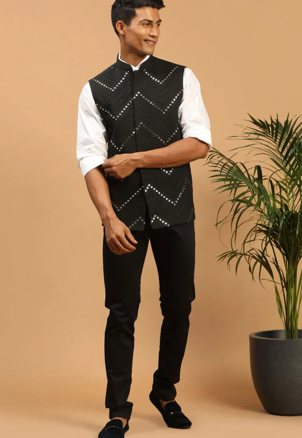 Embroidered Viscose Nehru Jacket in Black