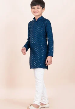 Embroidered Viscose Rayon Kurta Set in Teal Blue
